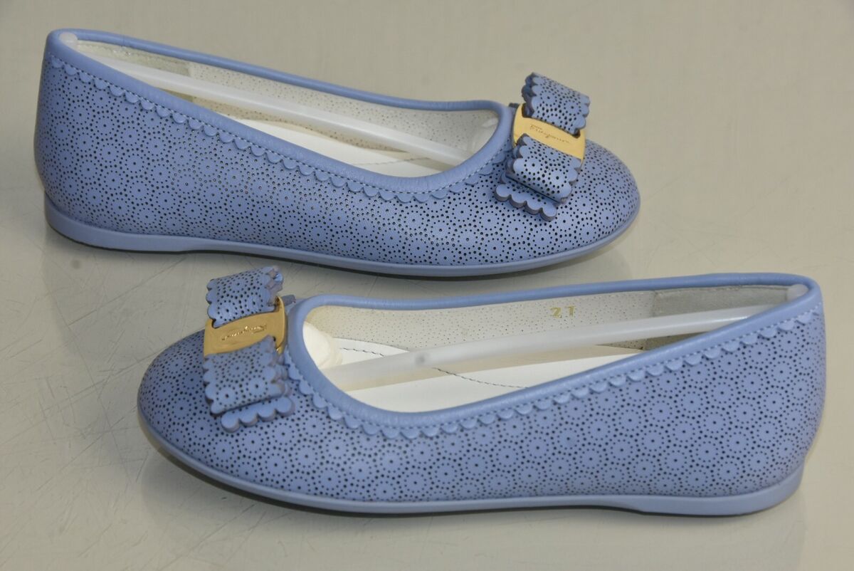 NEW SALVATORE FERRAGAMO Mini Varina Flats Perforated Bow Girls Kids Blue 27