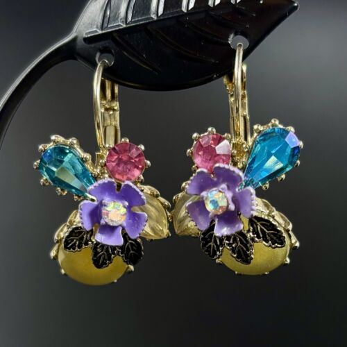 Betsey Johnson Multicolor Rhinestone Pink Blue Gold Tone Lever Back Earrings - Picture 4 of 15