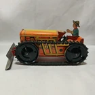 MARX Tin Windup Climbing Farm Tractor, Orange, Yellow Bulldozer Blade Farmer