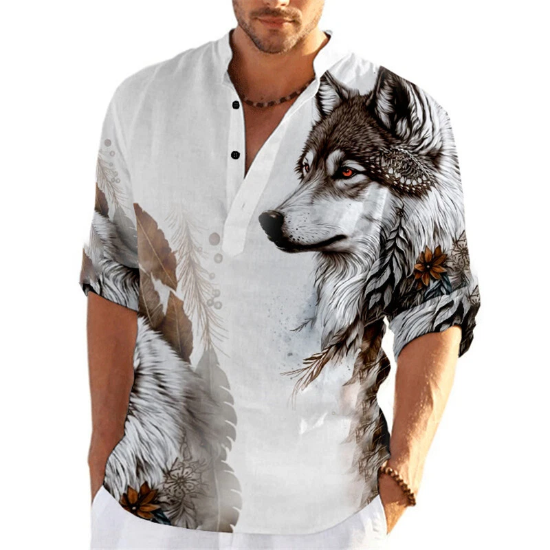 Men's Linen 3D Printed Henley Neck Shirt Long Sleeve Beach Hawaiian Shirt
