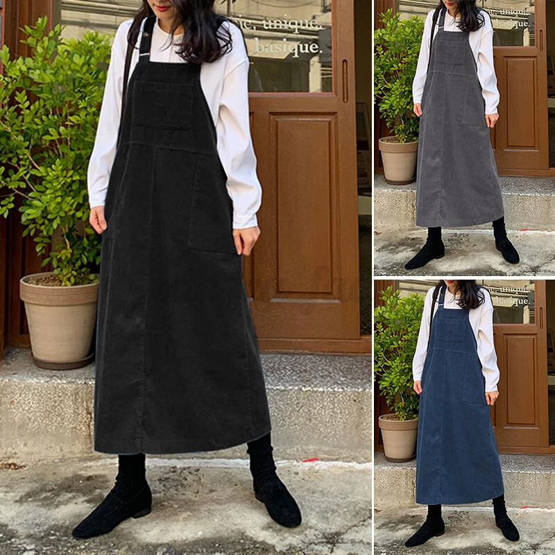 Women Cordoroy Dungaree Pinafore Dress Plus Size Square Neck Bib Overalls  Kaftan