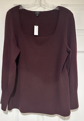Nwt Talbots 1X Burgundy U Neck Long Sleeve Pure Merino Wool Ribbed Front Sweater