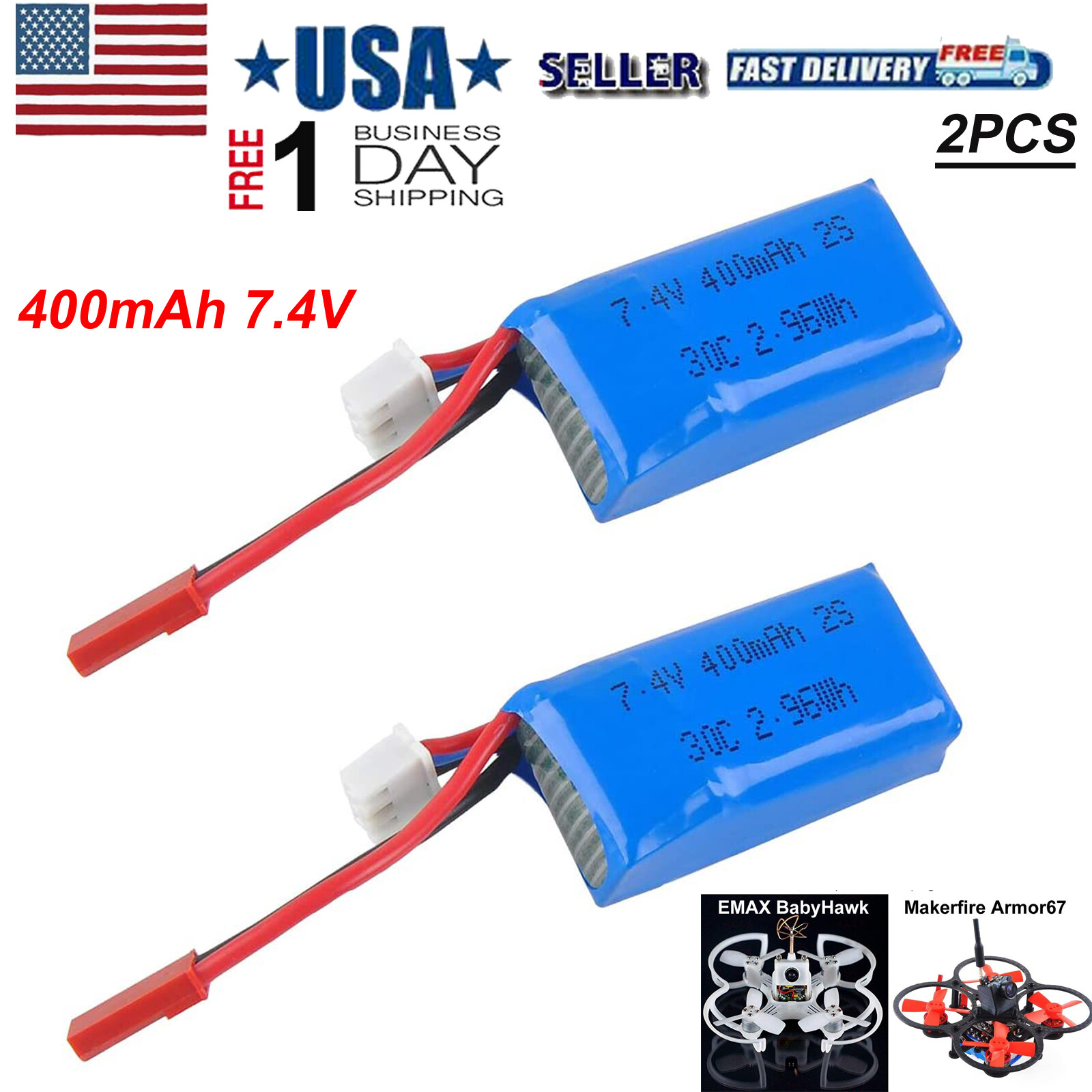 2pcs 400mAh 2S 7.4V LiPo Battery Pack w/ JST Plug for Micro FPV Drone ...