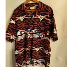 Black & Red Floral Hawaiian Shirt With Surfboards, Cotton, Chest size 21"Sz Med