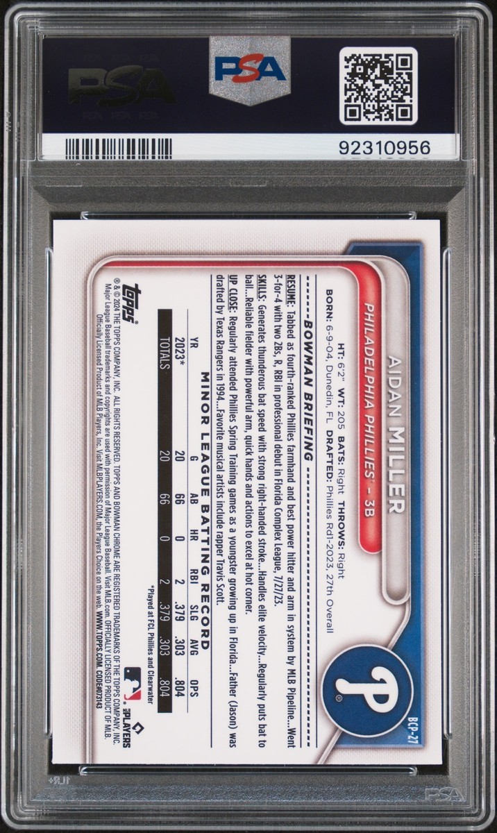 PSA 10 AIDAN MILLER 1st 2024 Bowman Chrome Prospects PHILLIES