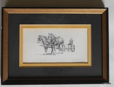 Framed Print Signed Clark Goff Farmer with Plow and Mules 9.5 x 7"