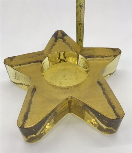 Vintage schwerer Recycling Glas gelb golden Bernstein Stern Windlicht Teelicht Kerzenhalter - Bild 3 von 5