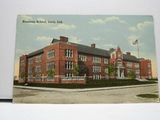 Postcard Emerson School Gary Indiana Flag Trees Chimneys Sidewalk Cloud D156