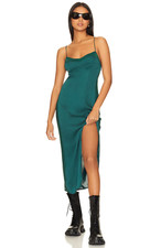 Free People City Cool Satin Sheer Panel Midi Slip Dress Evergreen Green New XS