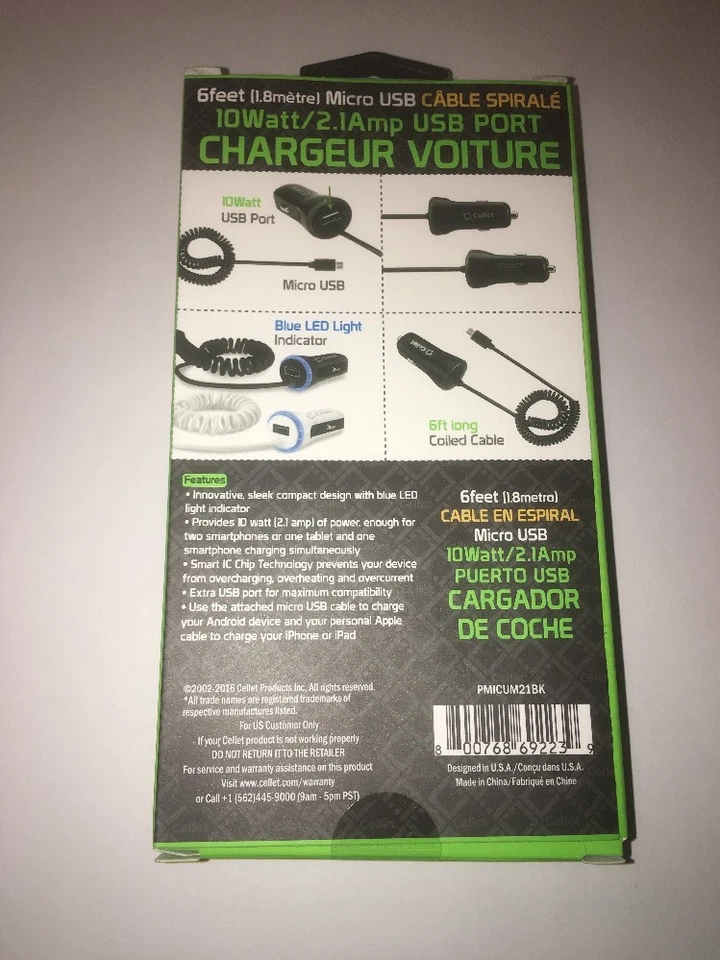 CELLET High Powered Car Charger For Micro USB Devices, 2.1A, 5 Ft Cord, Black - Image 2 of 4