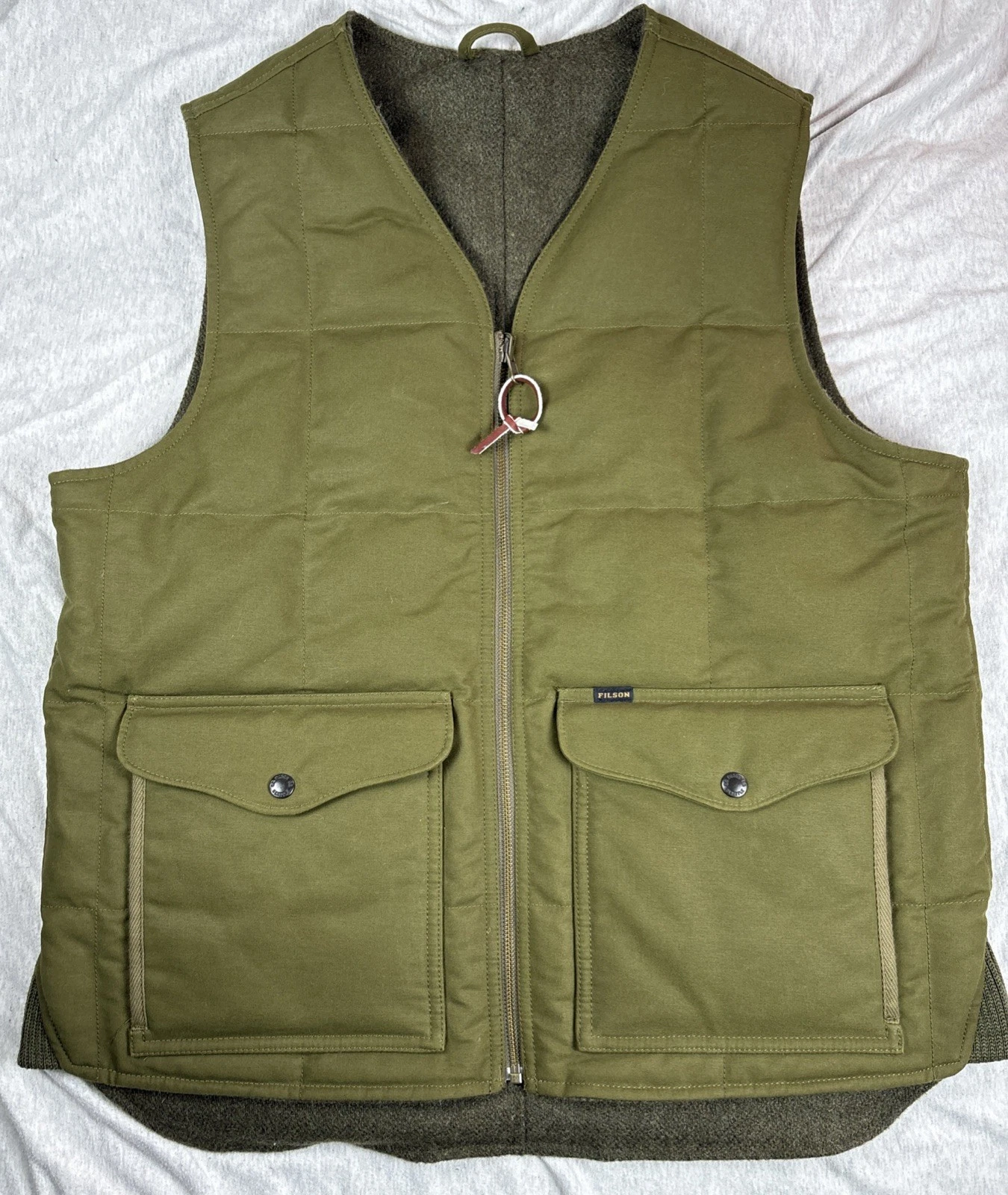 FILSON BUCKLAND DOWN VEST Olive GREEN Reversible Wool Waxed Cotton SIZE M
