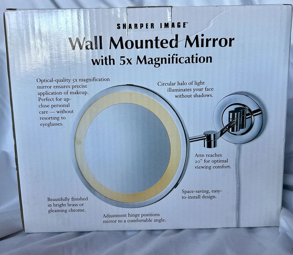 Sharper Image Wall Mounted Lighted Sensor Two Sided Makeup 5X Mirror Chrome New - Image 2 of 4