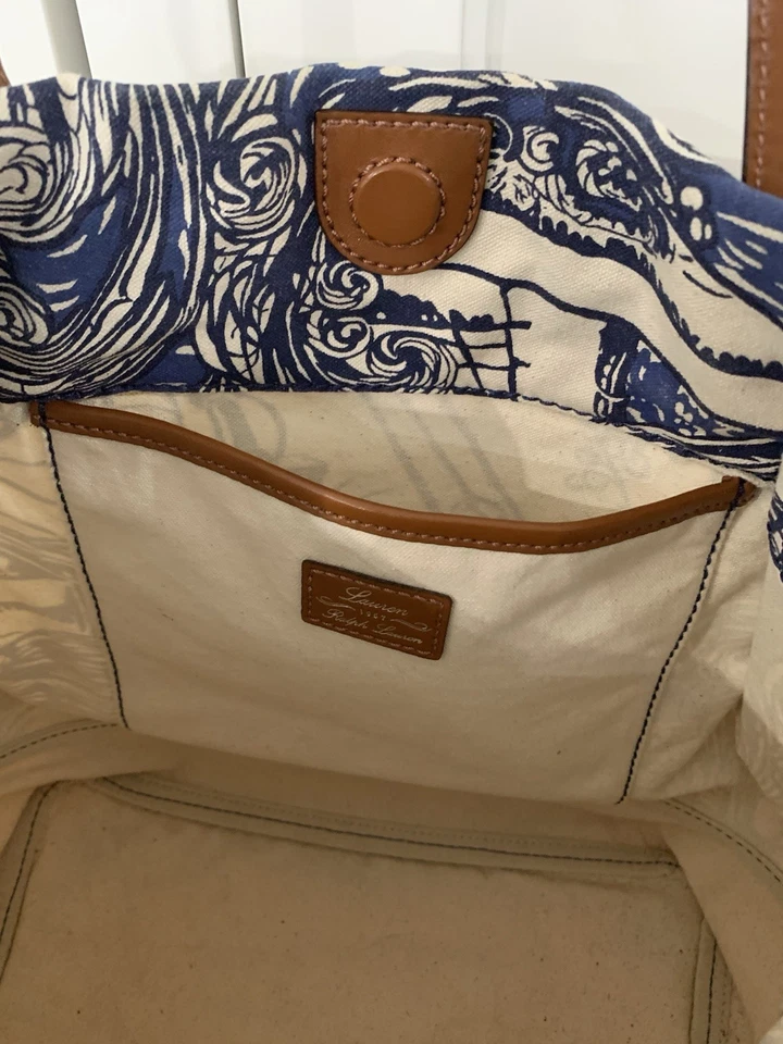 Ralph Lauren Nautical Canvas & Leather Large Tote Bag Vintage Beach Navy - Image 4 of 4