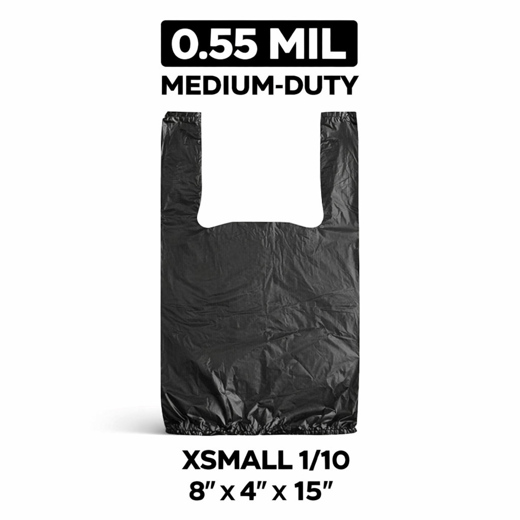 Black T-Shirt Bags XSmall 1/10 8x4x15 Medium-Duty 0.55 Mil Bulk Fast Ship