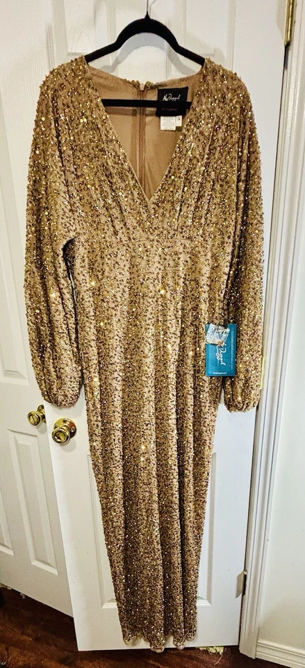 NWT MAC DUGGAL SZ 12 Bronze Evening Gown Long Sleeve V Neck Dress #10791 - Image 2 of 4