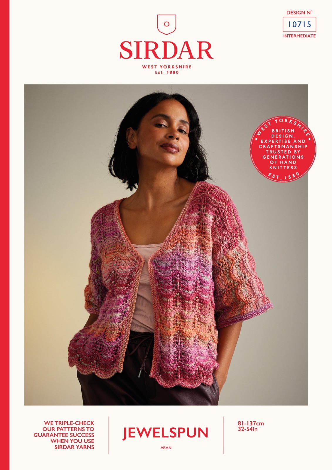 Sirdar Jewelspun Aran Knitting Pattern - 10715 Ladies Cardigan (32 - 54ins)