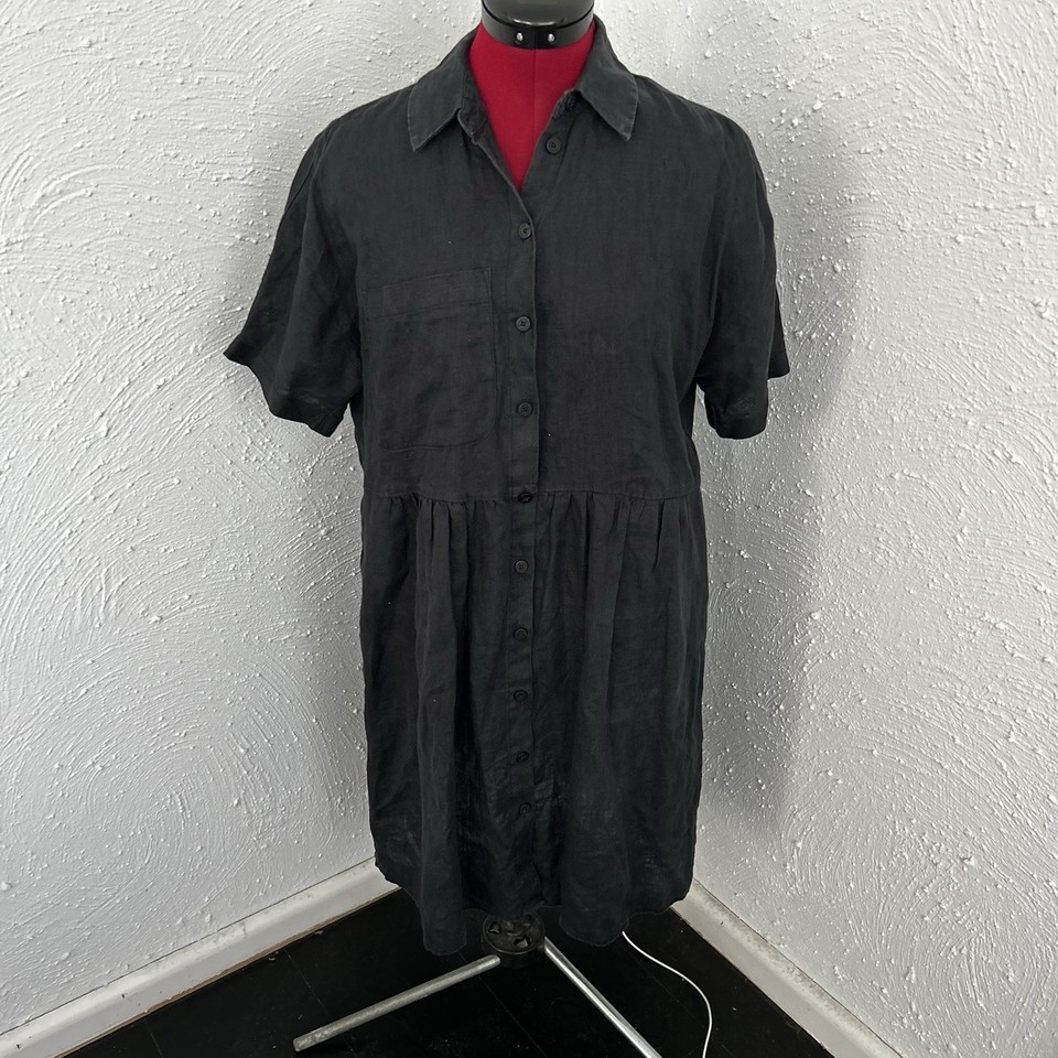 Decjuba Xs Black Pure Linen Shirt Dress Summer Lightweight Breathable Button W