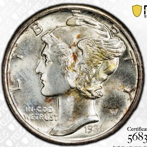 1936-S MS66+FB PCGS Toned Mercury Dime High Grade Tough Date Trueview