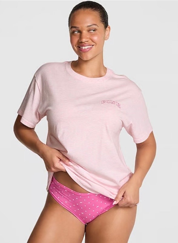 Victoria's Secret PINK Campus Cotton Heathered Pink Petal Woven Shine T-Shirt XS