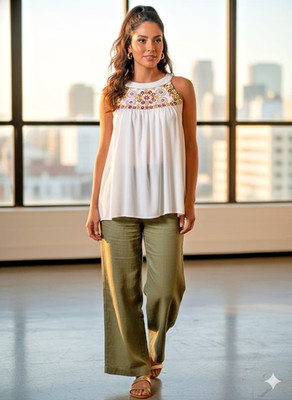 Vertiche Women's XS White Sleeveless Blouse Embroidered Boho Halter Neck Tank