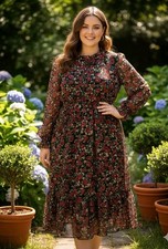 Dark Floral Maxi Dress Womens 2X Sheer Long Sleeve Red Ruffle Cottagecore Boho
