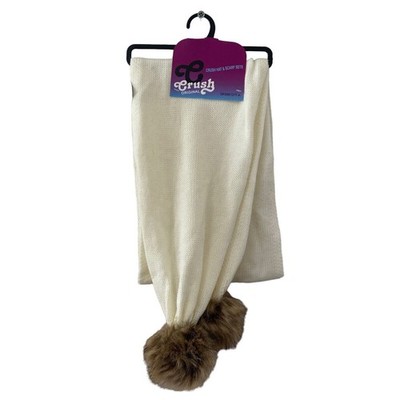 Crush Original Scarf White Pom Pom Brown Winter Knit New