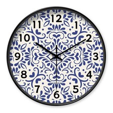 Blue White Floral Pattern Round Wall Clock Vintage Art Decor Silent Quartz