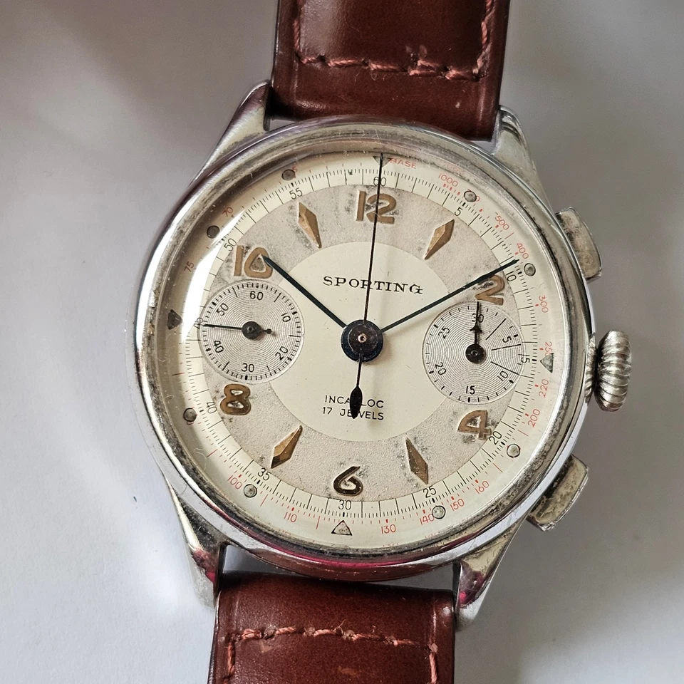 SPORTING-CRONO-MANUALE-ARGENTO 0,800-BITONALE-RUOTA A COLONNE-VALJOUX 22-RARO - Immagine 4 di 4