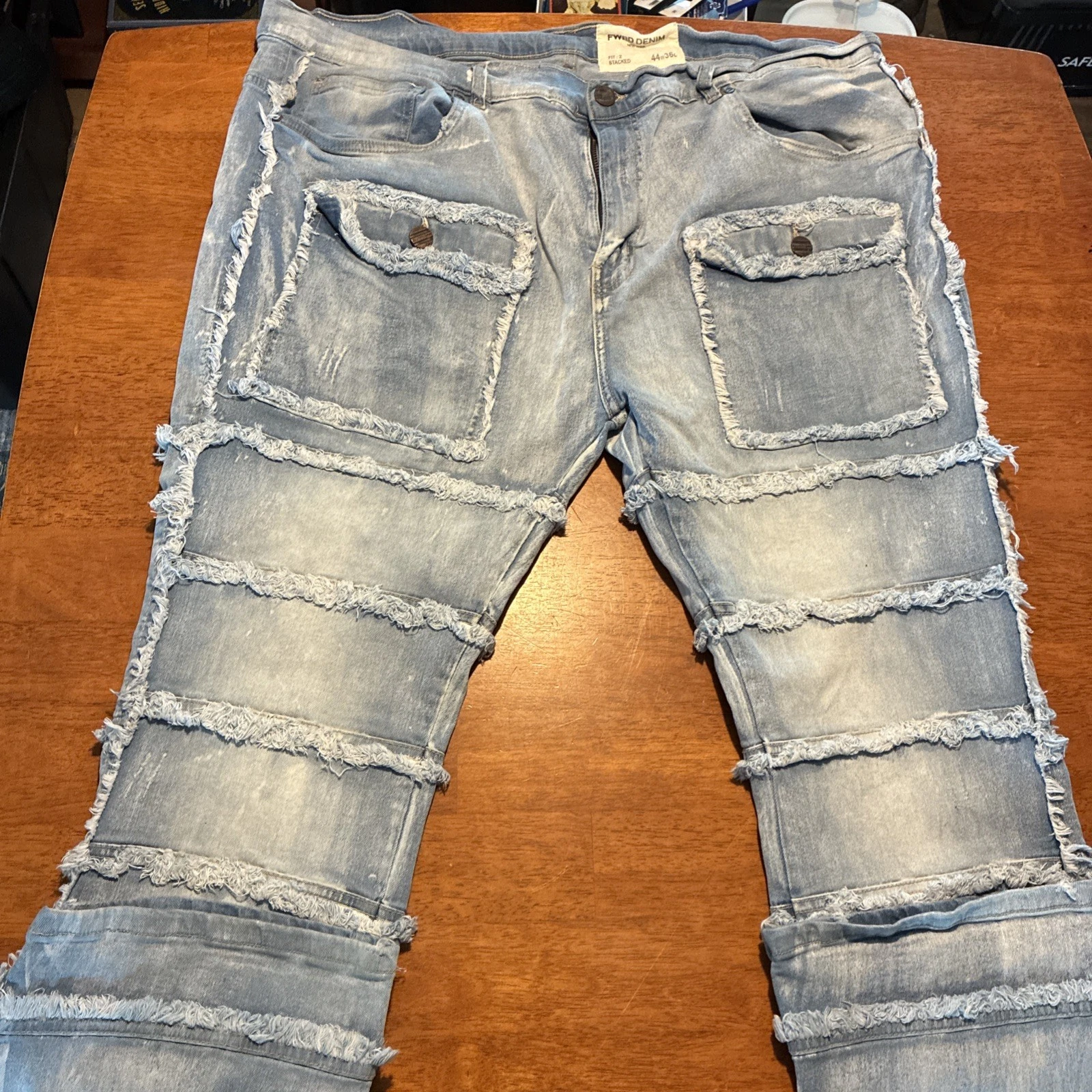 FWRD DENIM Stacked Fit Distressed Light Blue Jeans Fringe Studded Men's