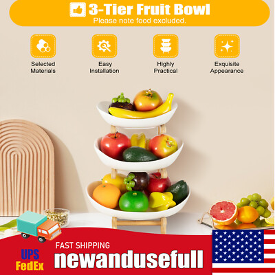 3-Tier Kitchen Fruit Tray Ceramic Vegetable Fruit Basket Bowl w/Wood Shelf