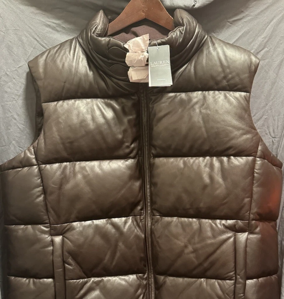 Chaleco acolchado de cuero marrón Polo Ralph Lauren para mujer talla 20W RTL $495 Foto 2 de 4