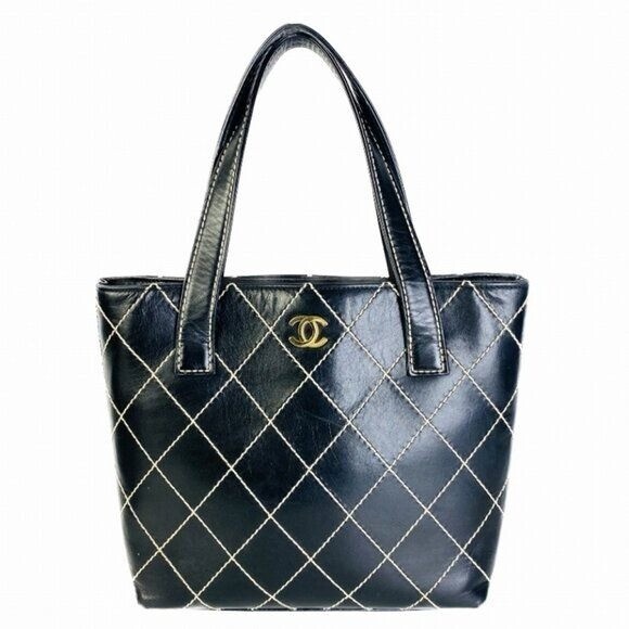 CHANEL Vintage Quilted Lambskin Black Shoulder Bag Tote Wild Stitch CC