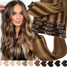 8PCS Double Wefted Clip In Human Remy Hair Extensions Full Head THICK Highlight
