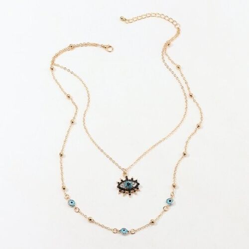 Watchful Evil Eye Gold & Blue Greek Turkish Symbol Double Layered Necklace - Picture 2 of 5