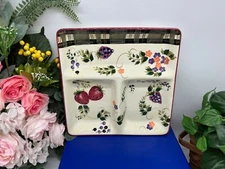 Oneida Strawberry Plaid Handpainted 3 Section Serving Tray Dish 13 1/4" Square
