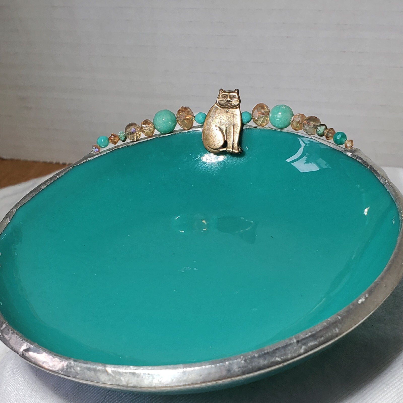 Teal Glass Beaded Cat Charm Trinket Dish with Metal Trim  -image