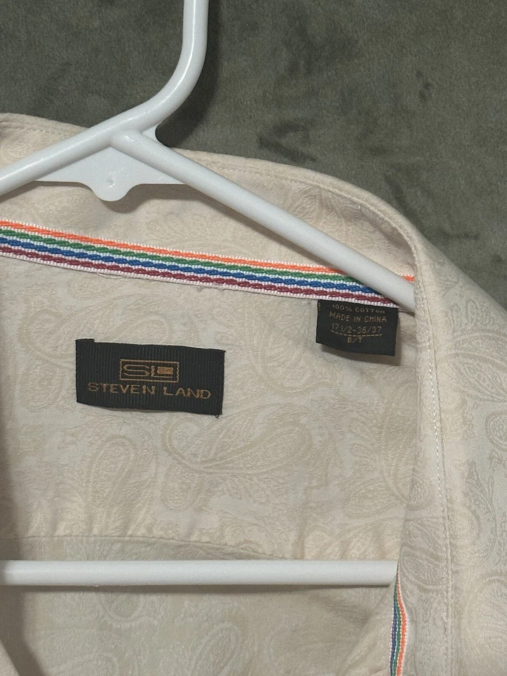 Camisa de vestir Steven Land melocotón para hombre B/T puño francés ribete arco iris cachemira texturizada Foto 4 de 4