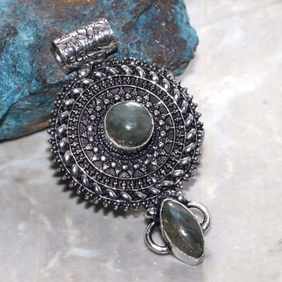 925 Silver Plated Long Fiery Labradorite Pendant 1.9'' Casual Wear Gift Trendy MJ