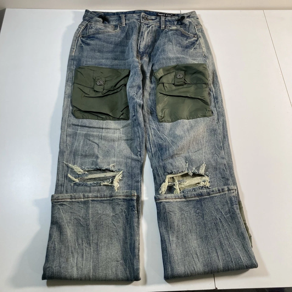 Pantalones de mezclilla Smoke Rise para hombre 31x32 azul desgastado carga motociclista utilitarios hip hop años 90 Y2K Foto 2 de 4