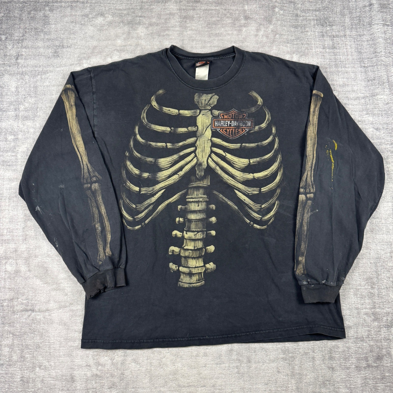 Harley Davidson Shirt Mens 2XL Black Skeleton Long Sleeve Anatomy Distressed Y2K