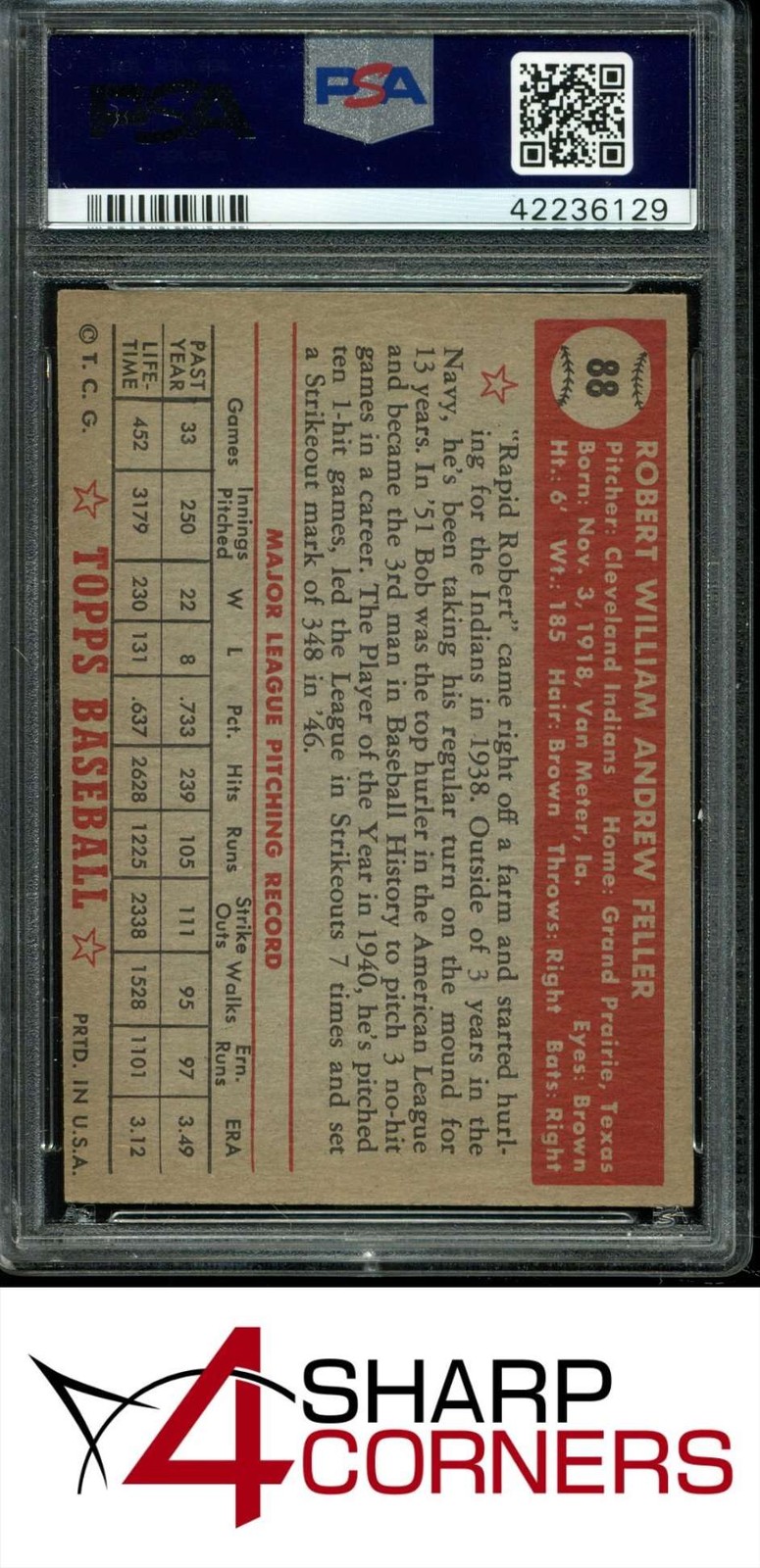 1952 TOPPS #88 BOB FELLER TWINS HOF PSA 6 view 2
