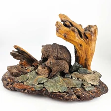Vintage Bear mom cub figurine on wood slab w slate rock details 12"