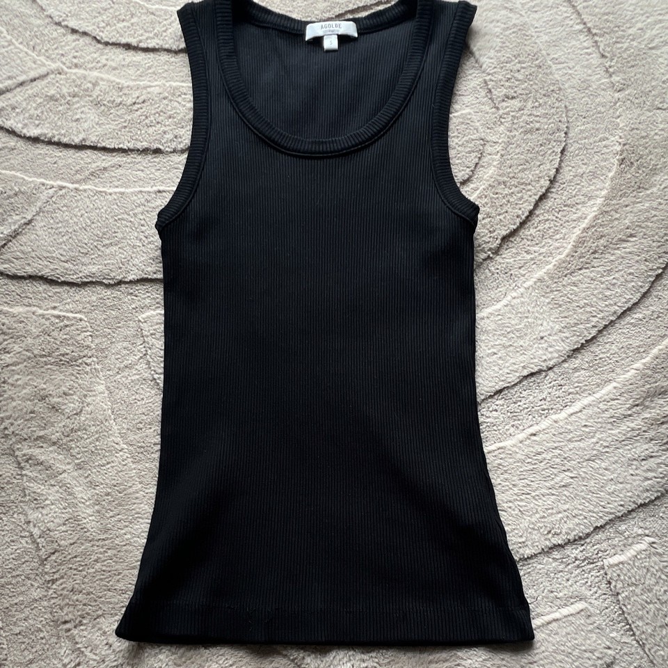 AGOLDE Women’s Black Ribbed Knit Cotton Stretch Scoop Neck Slim Tank Top S