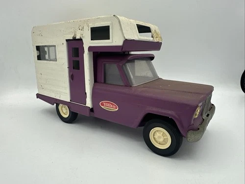 Vintage 1960's Tonka Jeep Pressed Steel Truck and Camper - Purple and White 9.5"