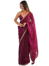 Women's Paper Silk Embroidered Saree With Unstitched Blouse Piece