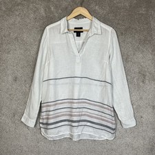 Tahari Tunic Womens Medium White Stripe Linen Long Sleeve Pullover- 5400