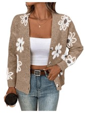 Women's Floral Knit Cardigan Sweater Open Front ButtonDown, Khaki Small