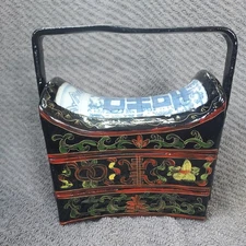 Vintage Chinese STACKING BOX  with Blue/White Porcelain Insert Handle 7" 3 Level