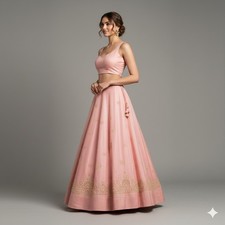 Sanskriti Vintage Pink Long Lehenga Satin Silk Hand Embroidered Zardozi Unstitch