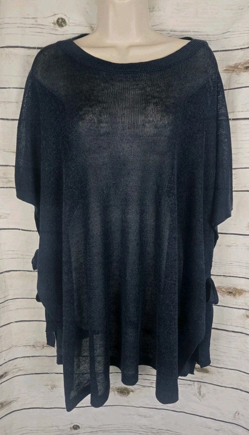 J Jill Linen Blend Sweater Poncho Navy Blue One Size Side Ties Beach Vacation